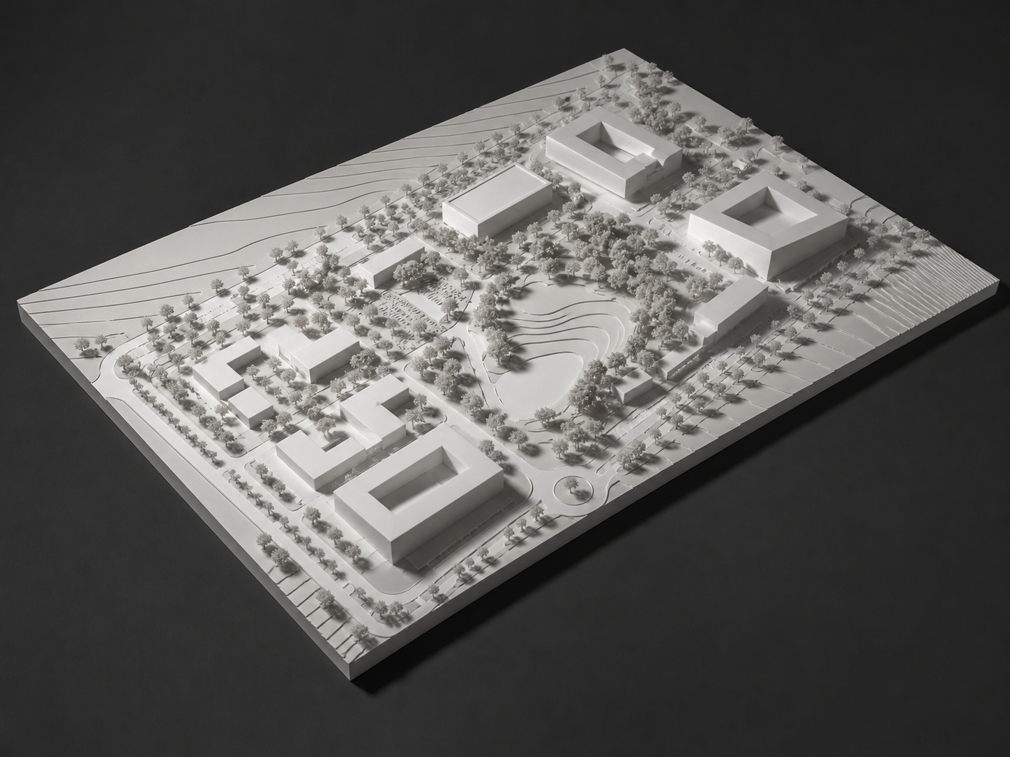 Concept demonstrativ de machetă urbană monocromă cu relief și vegetație