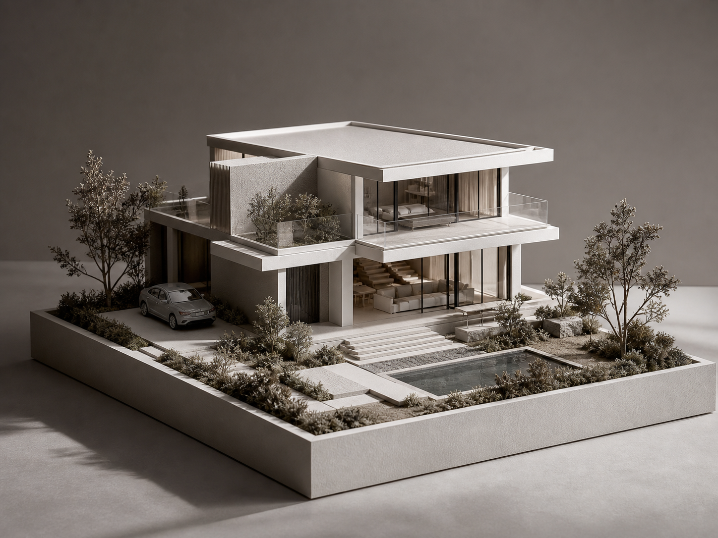 Concept demonstrativ de machetă detaliată pentru o vilă contemporană